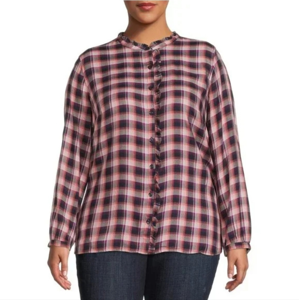 Terra & Sky Tartan Plaid Button Down Size 2X Long Sleeve Shirt Top Ruffle Boho